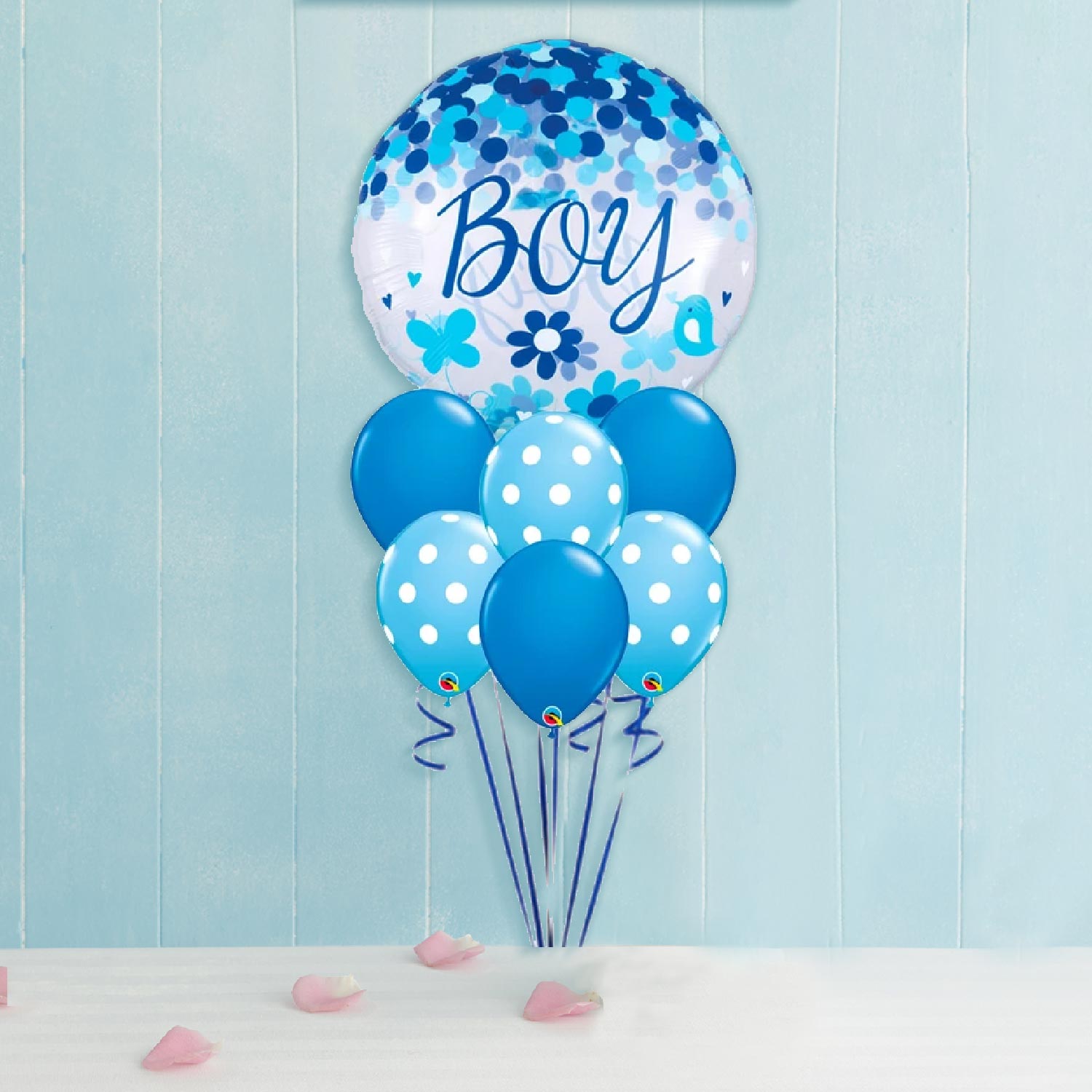 Jumbo Baby Boy Confetti Blue Polka Balloon Bouquet (6822481002660)