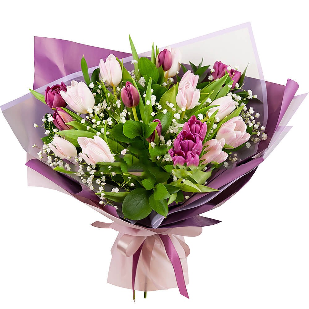 20 Purple & Light Pink Tulips Bouquet