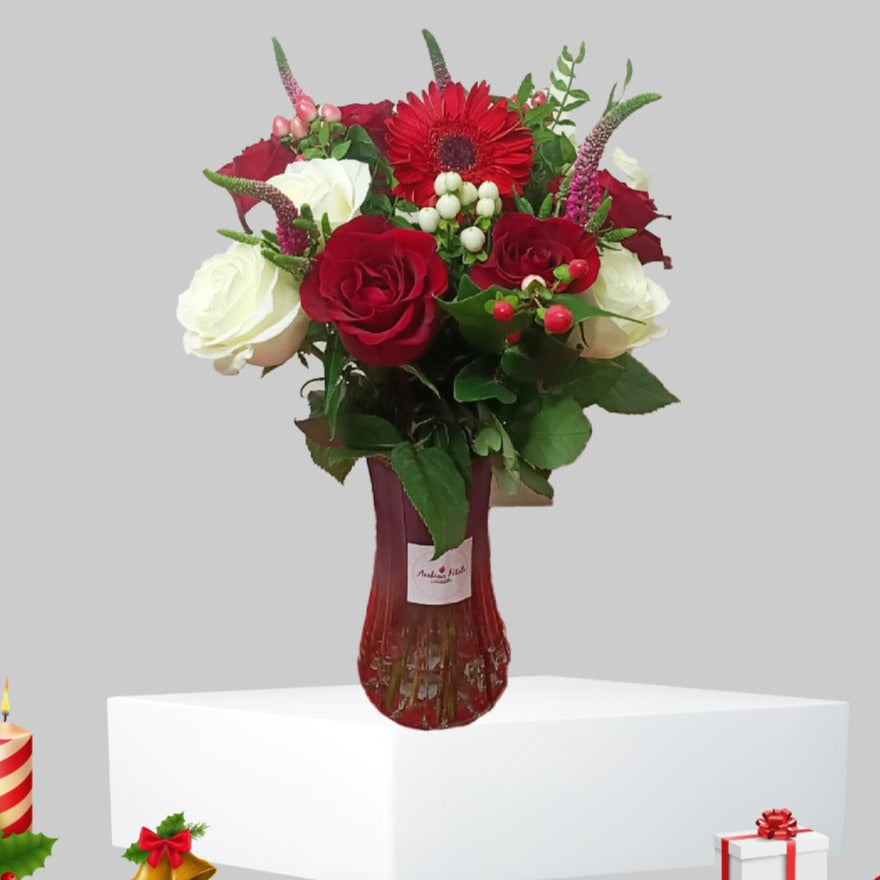 White & Red Roses Glass Vase