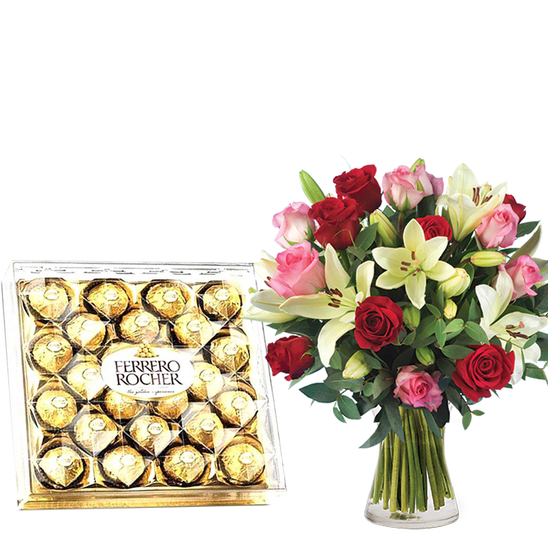 Love Cocktail-Roses and Lilies & Ferrero Rocher (5949098524836)