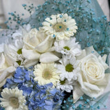 Delicate bouquet with hydrangea and French roses