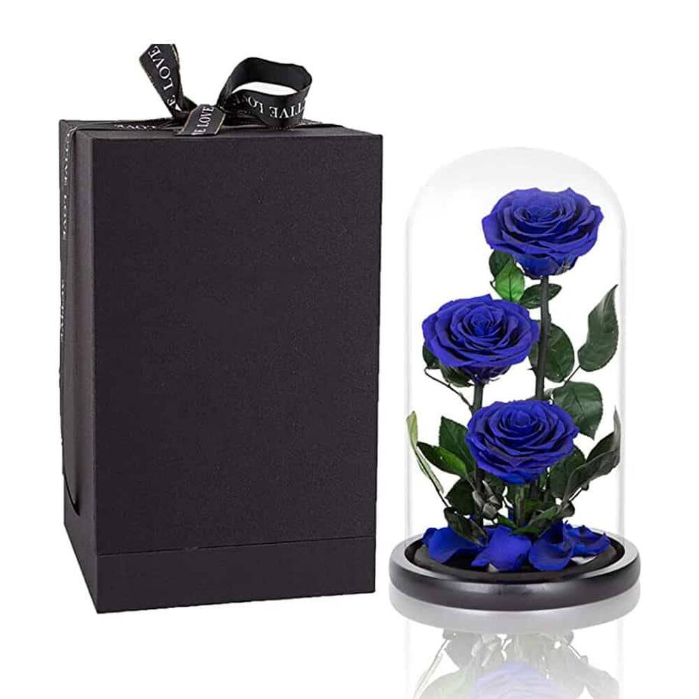 Glass Dome Vase With Three Rose Blue