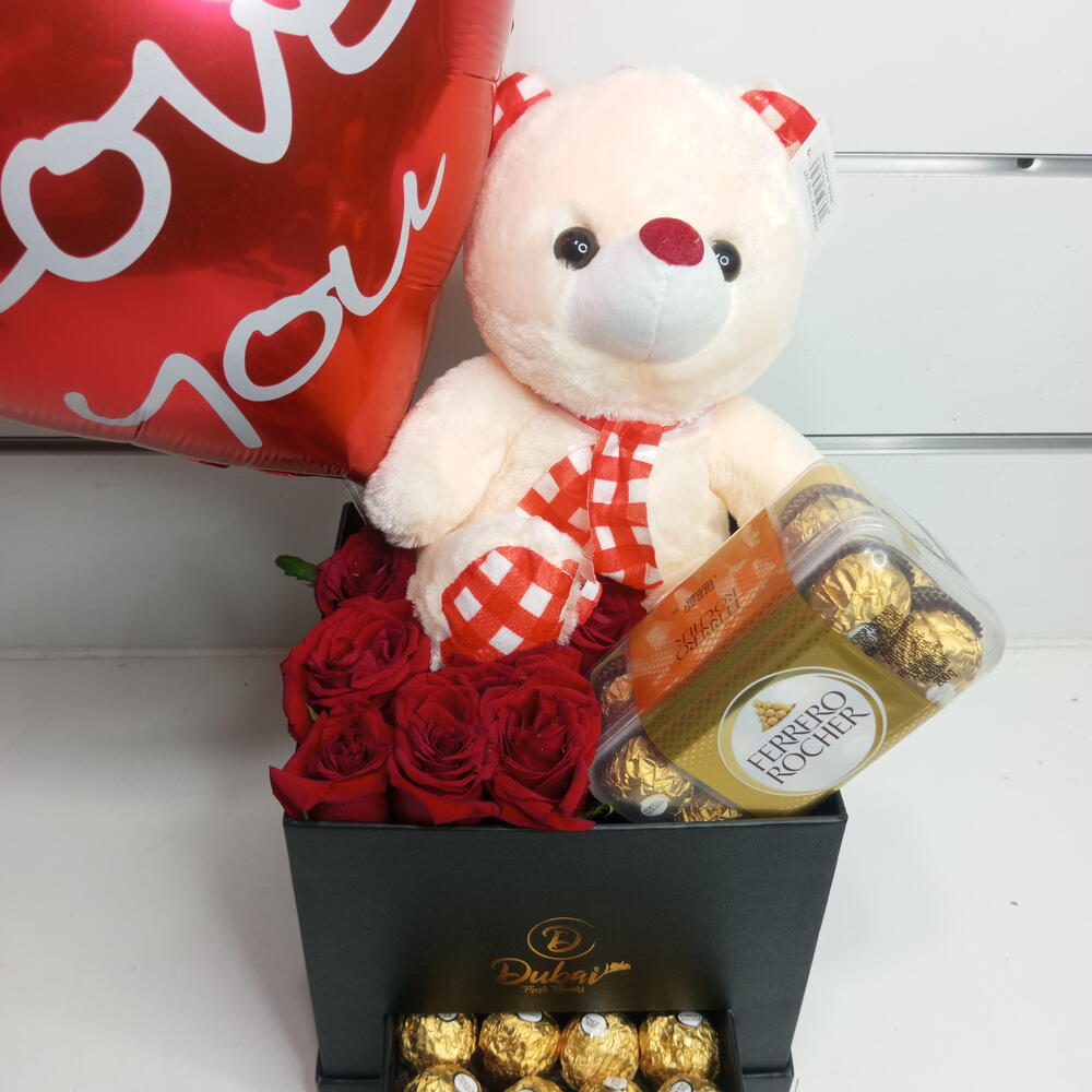 Red Rose N Teddy Bear with Balloon - Trinity Box