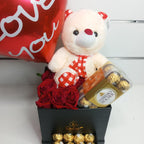 Red Rose N Teddy Bear with Balloon - Trinity Box