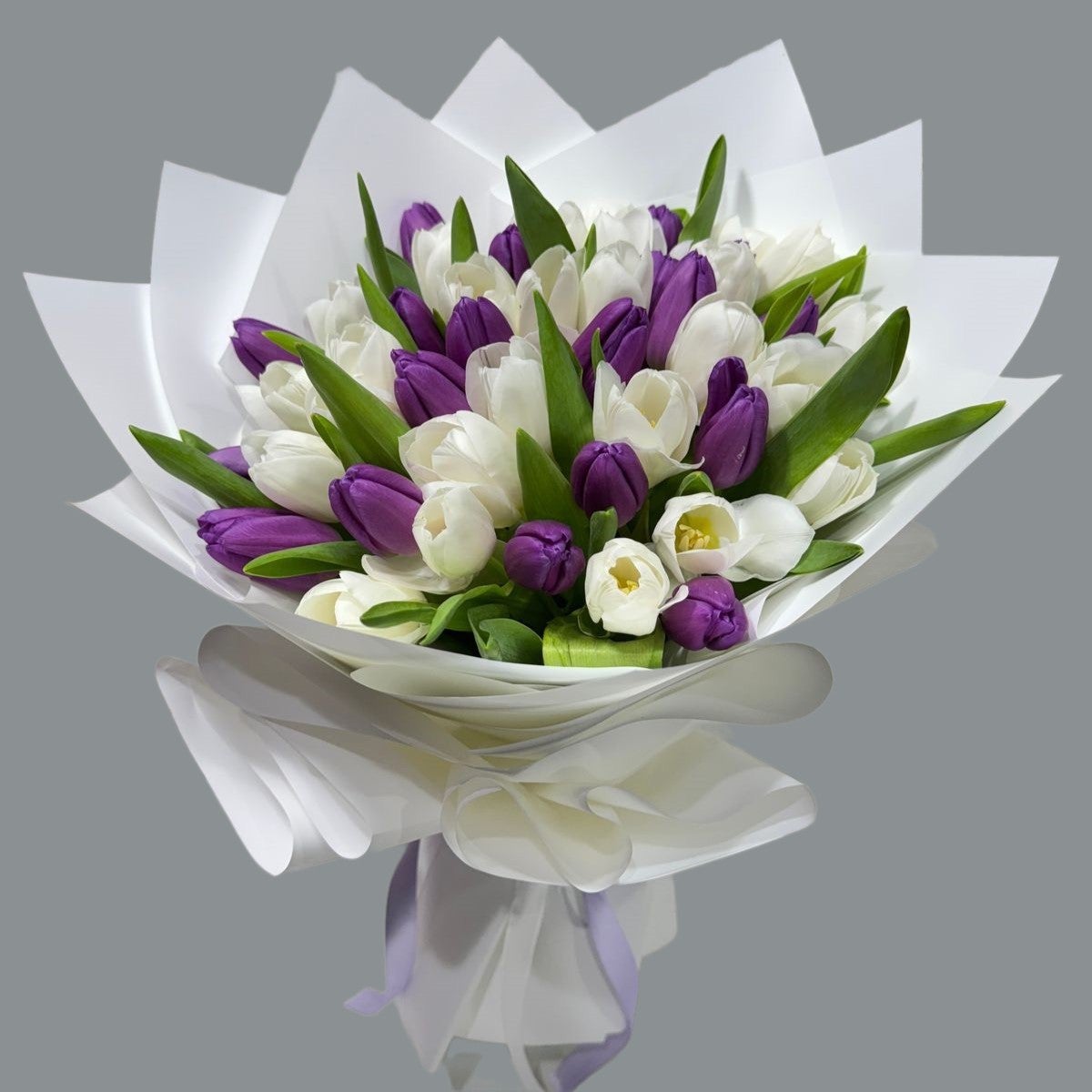 50 Purple & White Tulips Bouquet