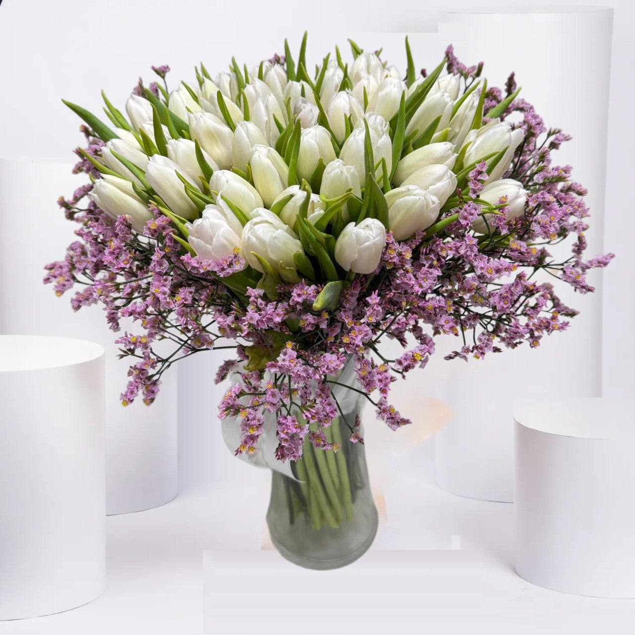 50 White Tulips in Vase
