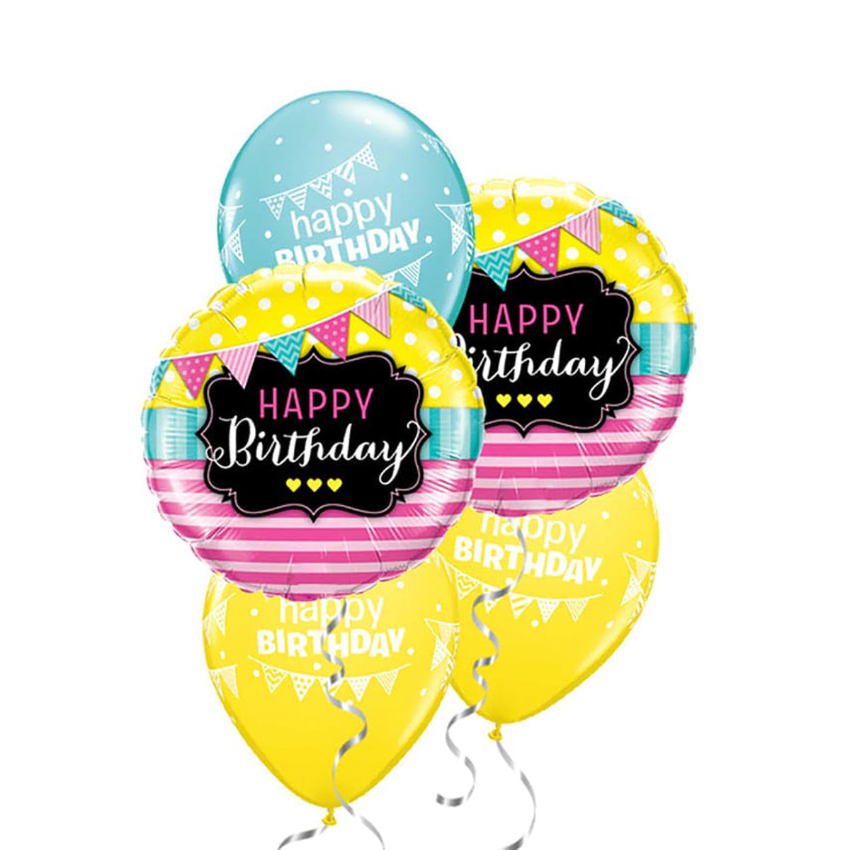 Birthday Pennants & Pink Stripes Foil Balloon Bouquet