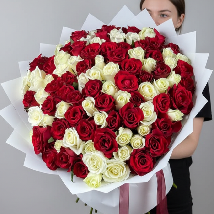 100  Red and White Rose Bouquet(Premium)