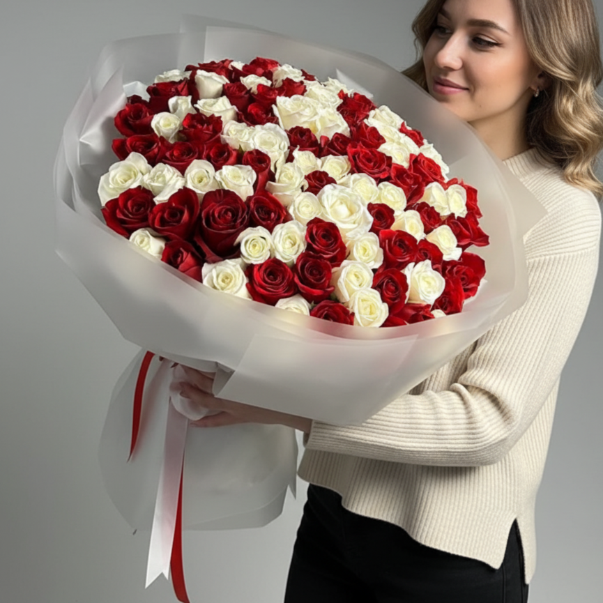 100 Red N White  Roses  Bouquet (Elegance)