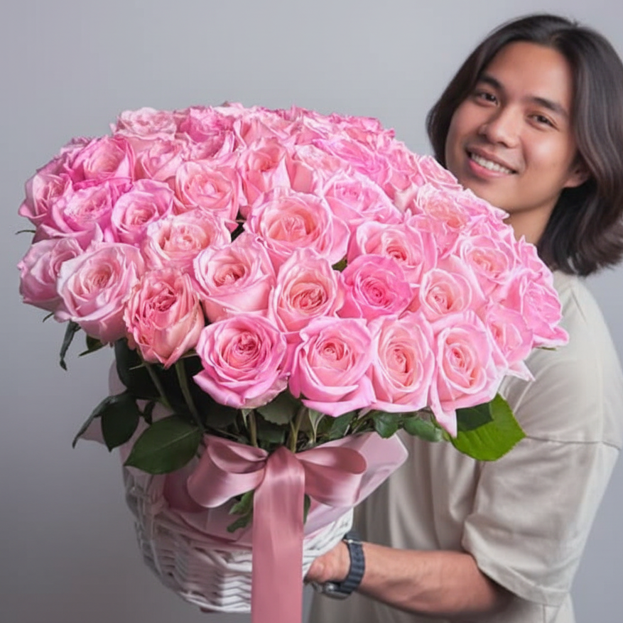 50 Pink Ohara Roses  Basket