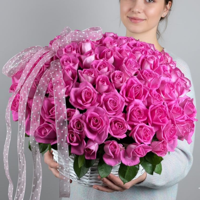 100 Pink Roses Basket