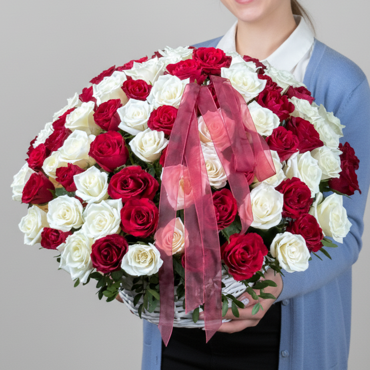 100 Red White Rose Basket