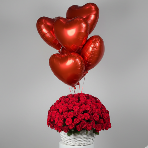 200 Red Rose  Basket & Balloon Bundle