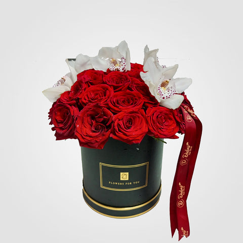 Red Roses with White Orchid Box