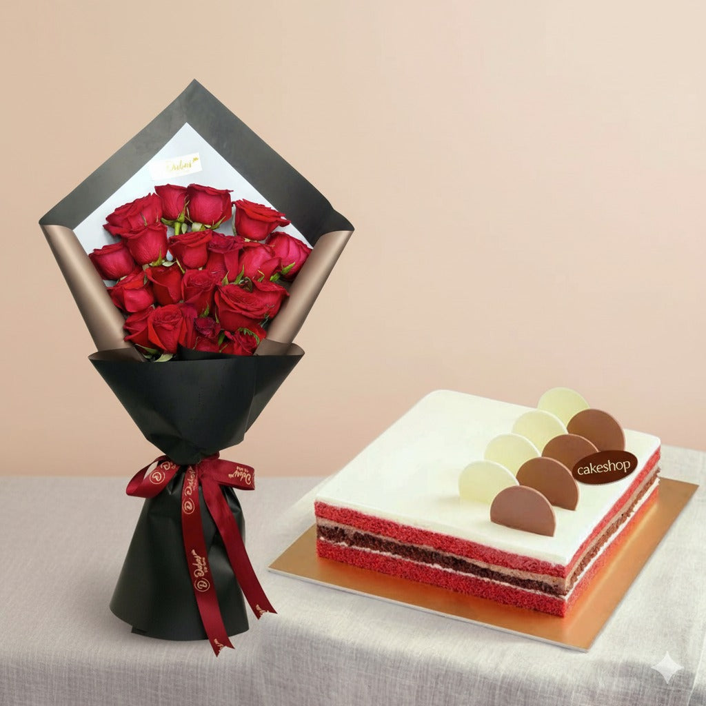 Choco Red Velvet Cake & 12 Red Roses Bouquet