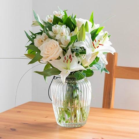 Innocent Love with Lilies and Roses with vase (5956668883108)