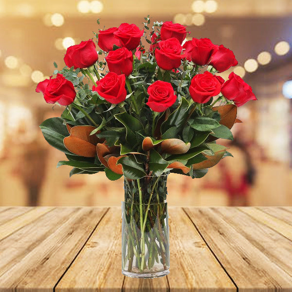Valentine 24 Long Stem Red Roses in a vase