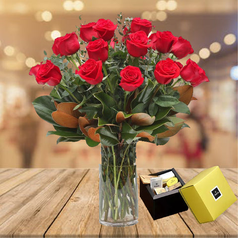 Valentine 24 Long Stem Red Roses in a vase  & 250 Gram  Patchi Chocolates