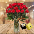 Valentine 36 Long Stem Red Roses in a vase  & 250 Gram  Patchi Chocolates
