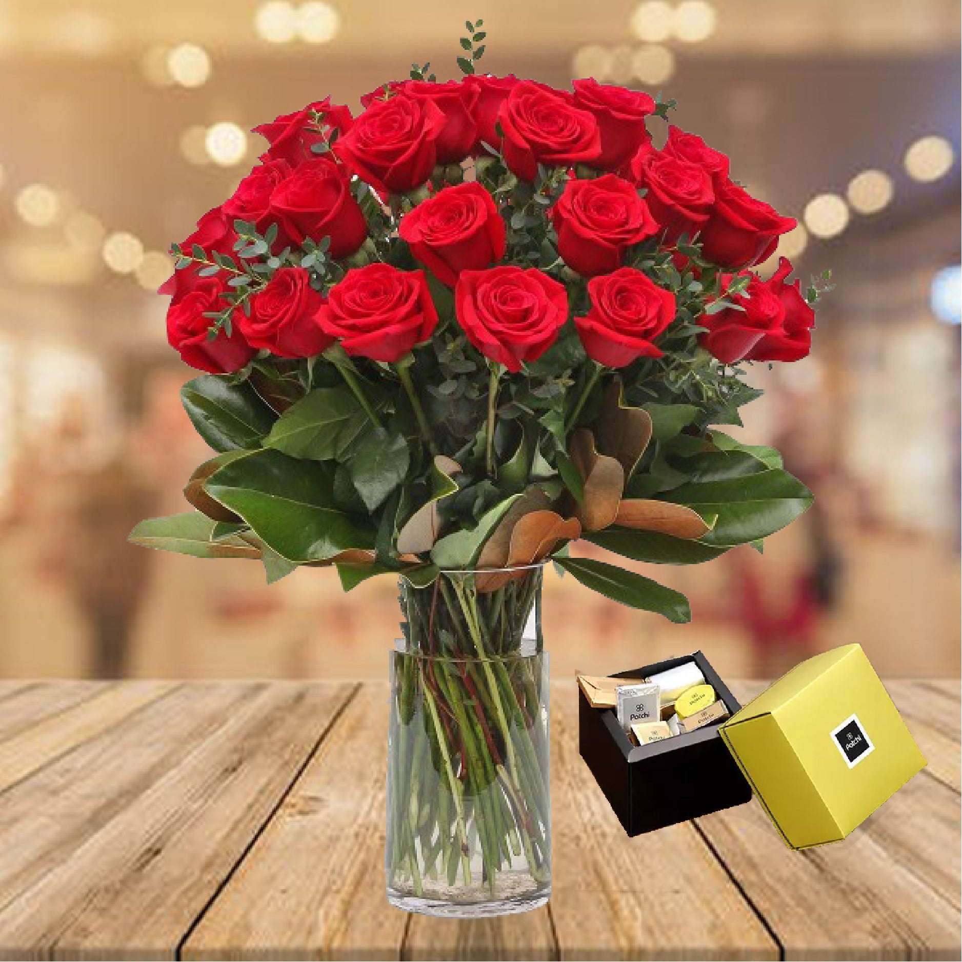 Valentine 36 Long Stem Red Roses in a vase  & 250 Gram  Patchi Chocolates