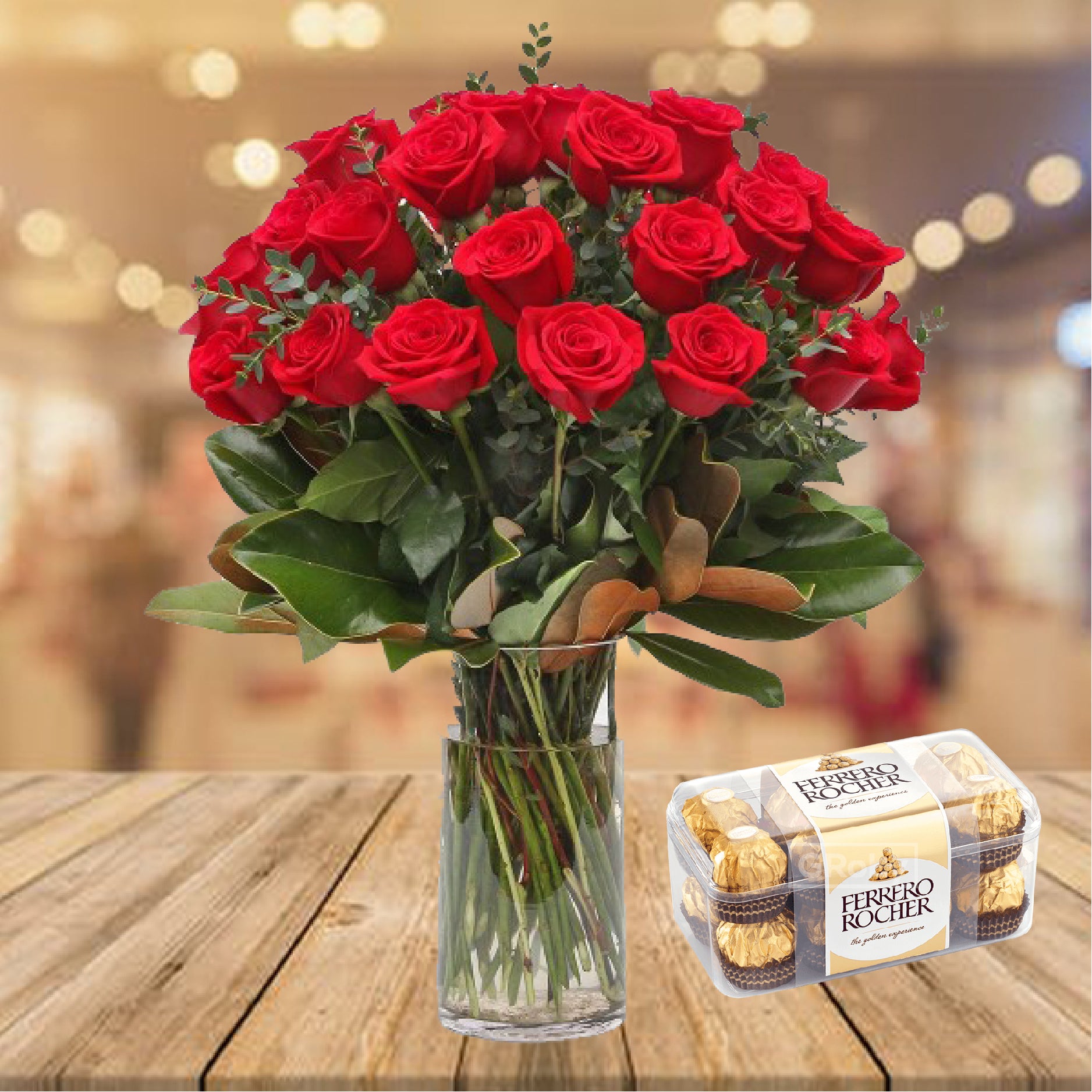 Valentine 36 Long Stem Red Roses in a vase  & 200 G Ferrero Rocher
