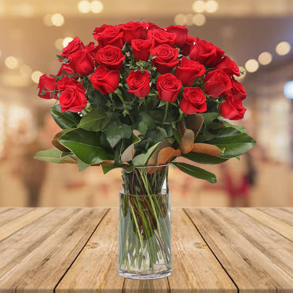 Valentine 50 Long Stem Red Roses in a vase
