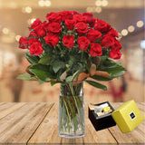 Valentine 50 Long Stem Red Roses in a vase  & 250 Gram  Patchi Chocolates