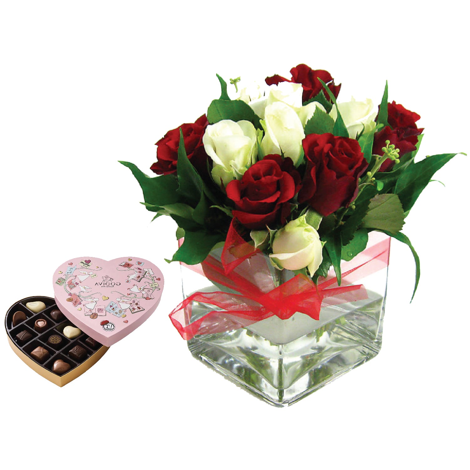 Red & White Rose Vase - Godiva Heart Chocolate Gift Box - Arabian Petals (4535129866285)