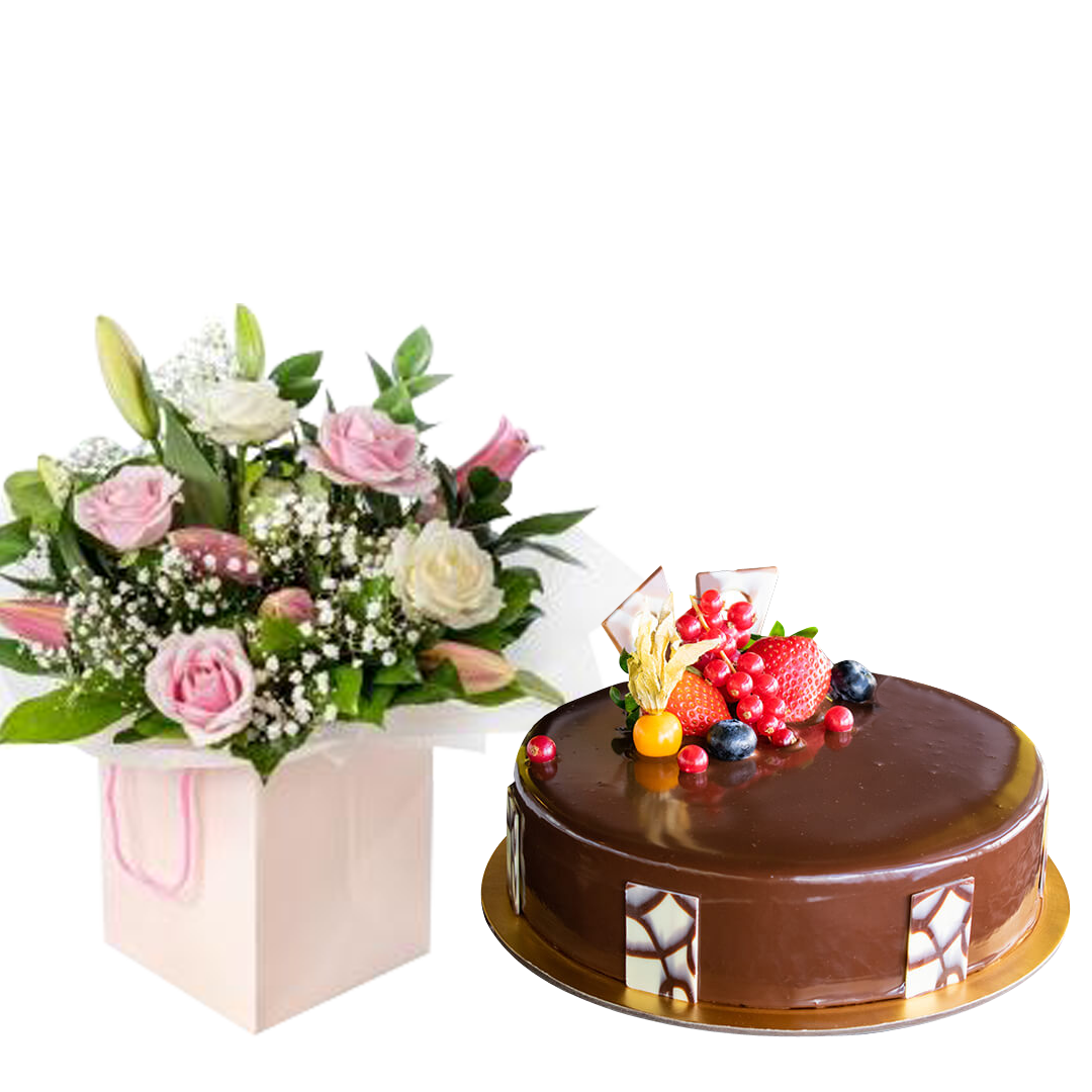 Magnificent Pink Rose with Lily & Choco Truffle (5956827873444)