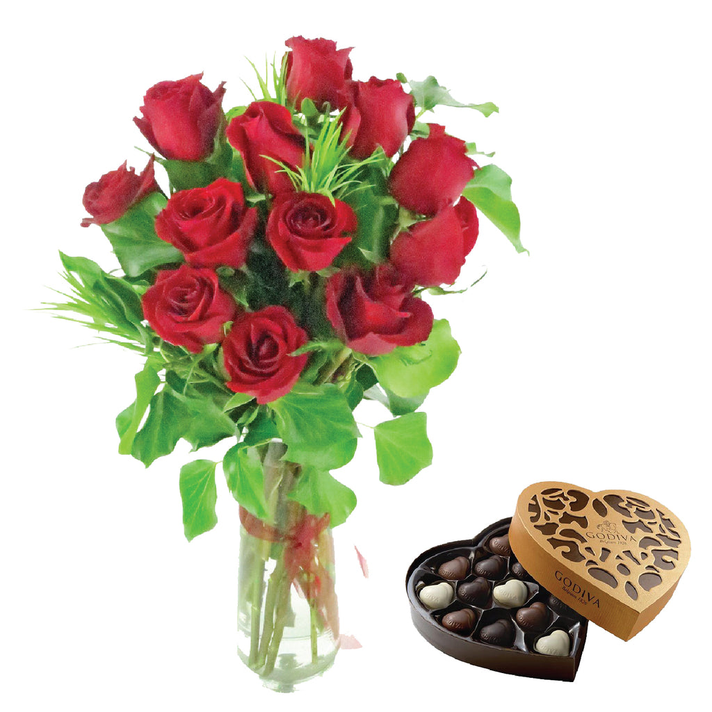 12 Rose Vase with Godiva Coeur Iconique Grand - Arabian Petals (4534820110381)