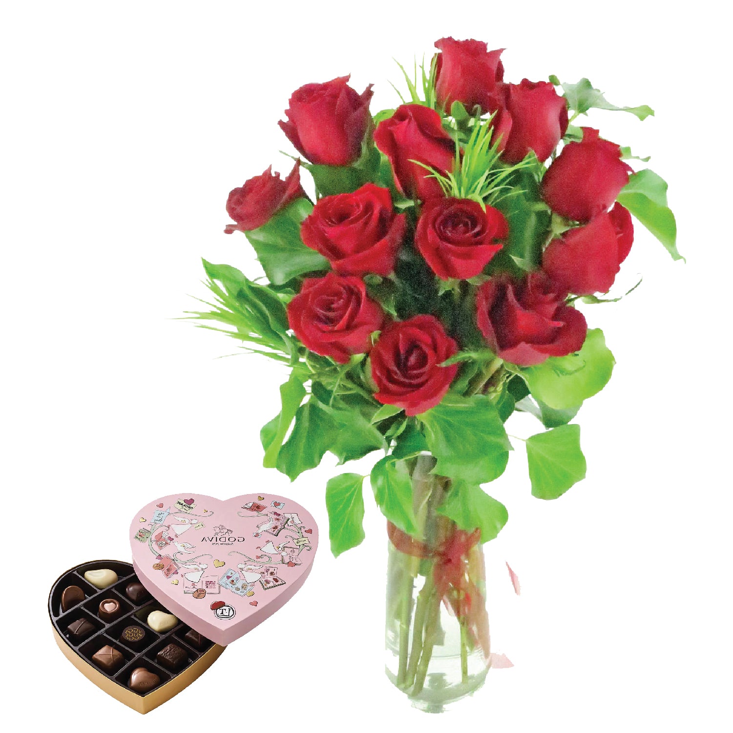 12 Rose Vase with  GODIVA Heart Chocolate Gift Box - Arabian Petals (4534874112045)
