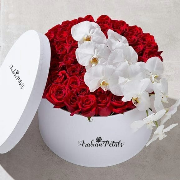 Red Roses  With White Phalaenopsis Round Box - Arabian Petals (4570108493869)
