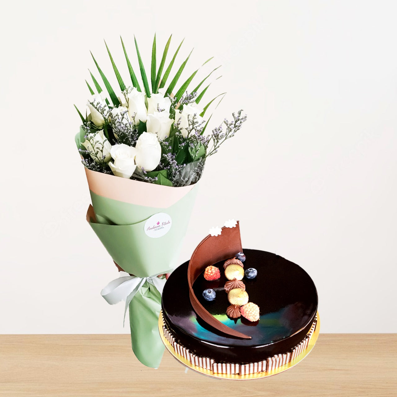 White Roses With Chocolate Truffle Cake