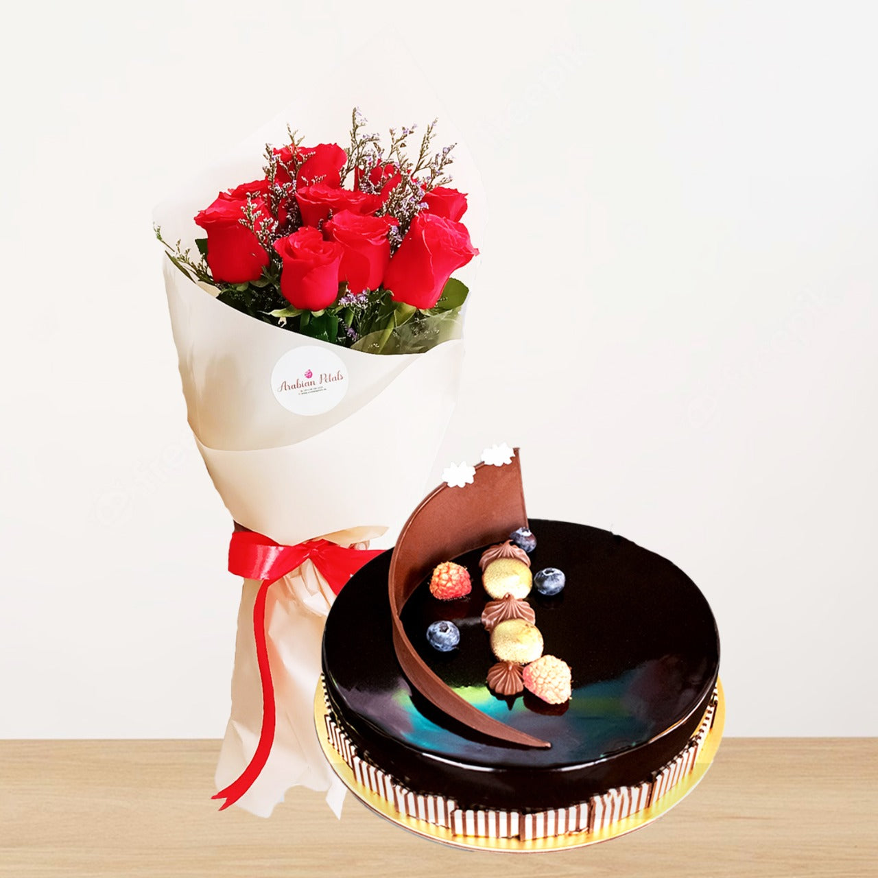 Red Roses With Chocolate Truffle Cake