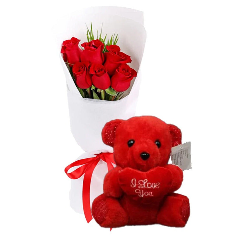 Teddy Bear & Red Roses Bouquet