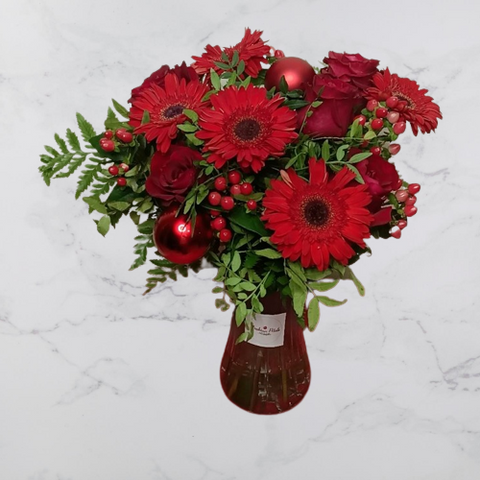 Red Roses & Gerbera in Glass Vase