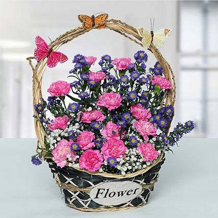 Delightful Carnations N Blue Aster Flower Basket - FWR - Arabian Petals (1630219206714)