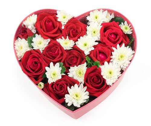 Red Roses & White Chrysanthemum Heart Box - Arabian Petals (4569972244525)