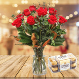 Valentine 12 Long Stem Red Roses in a vase  & 200 G Ferrero Rocher