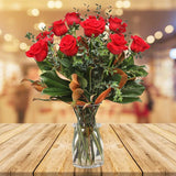 Valentine 12 Long Stem Red Roses in a vase  & 250 Gram  Patchi Chocolates