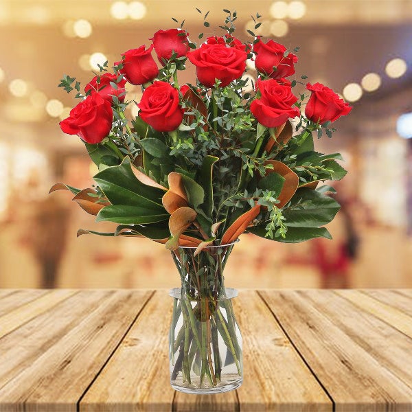 Valentine 12 Long Stem Red Roses in a vase  & 200 G Ferrero Rocher