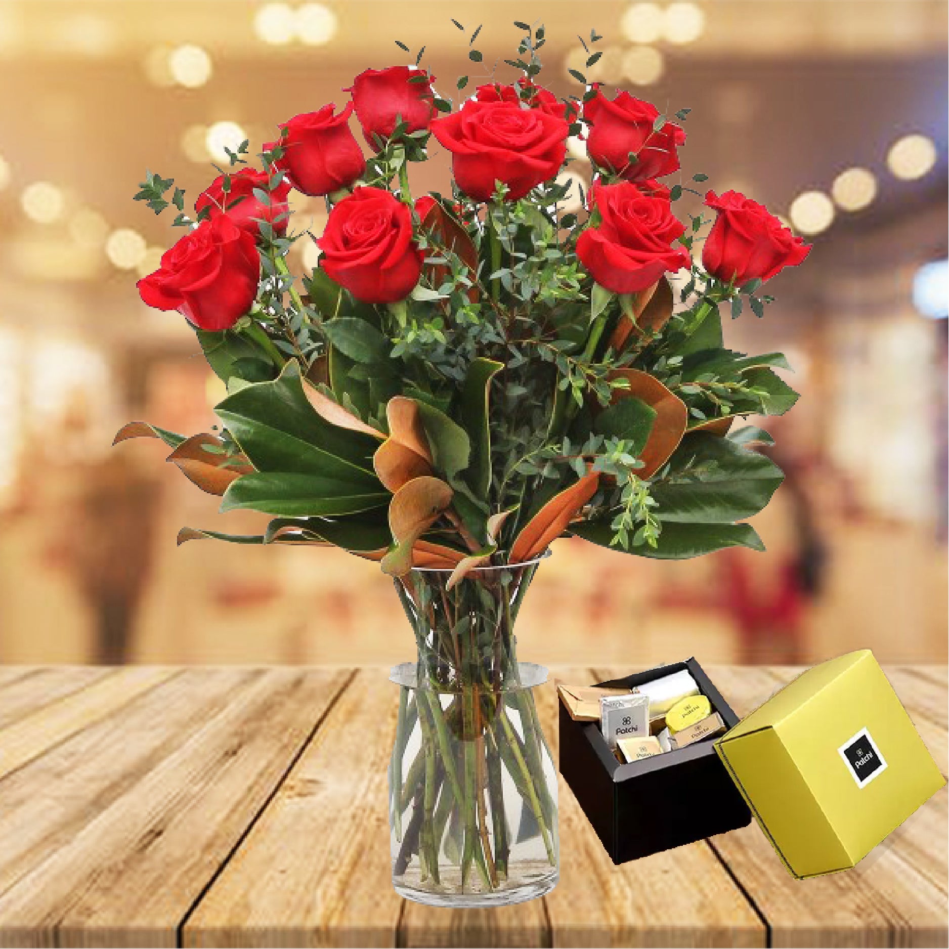 Valentine 12 Long Stem Red Roses in a vase  & 250 Gram  Patchi Chocolates